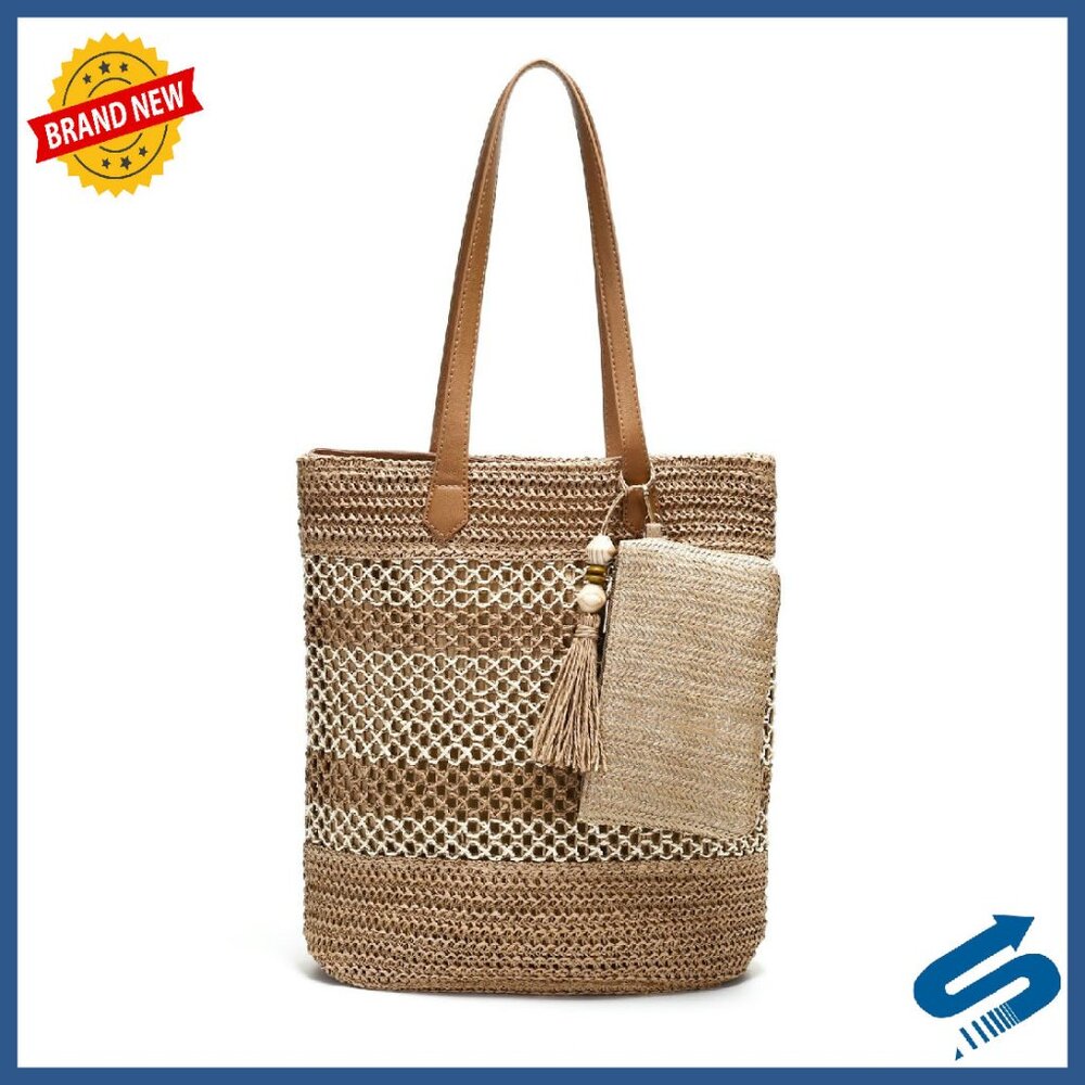 Large Woven Straw Tote Bag With Zipper Closure, Polyester Lining